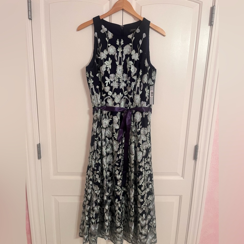 Navy Floral Dress with Mint Embroidery